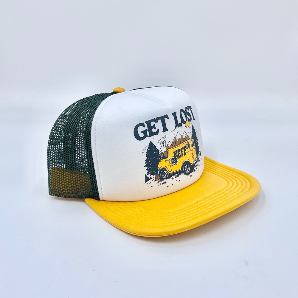 NEW Neff “Get Lost” Van Graphic Yellow Green SnapBack Foam Trucker Hat Adult OS